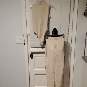 Beige Studded Bodysuit and Skirt Set